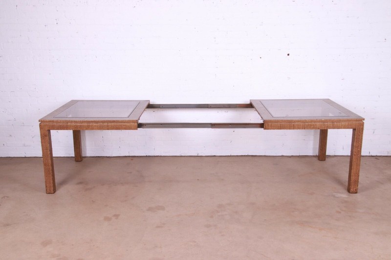 Karl Springer Attributed Mid-Century Lacquered Grasscloth Extension Dining Table gallery