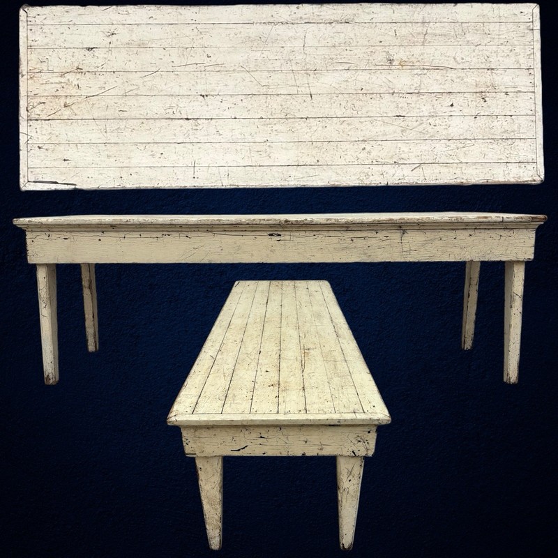 Antique 19thC White Cream Paint Pine Work Dining Harvest Country Farmhouse Table