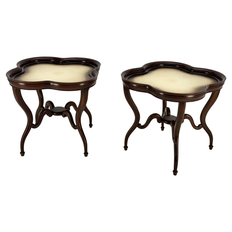 Pair Mahogany Clover Shape Light Cream Leather Top Lamp End Tables Stands MINT!