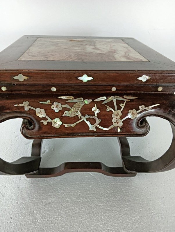 Small gorgeous low chinese side bonsai table marble top mother of pearl wood vin gallery