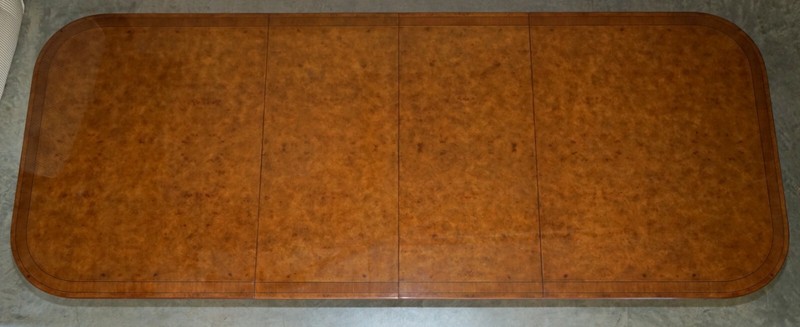 EXQUISITE TWO PEDESTAL BURR WALNUT EXTENDING DINING TABLE & 10 CHAIRS SUITE gallery