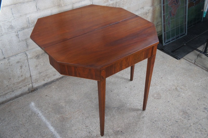 Antique Sheraton Mahogany Inlaid Octagonal Flip Top Game Card Tea Console Table gallery
