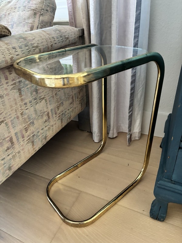 Vintage MCM Milo Baughman Style Gold Tone Glass Top Cantilever Side Table C Shap