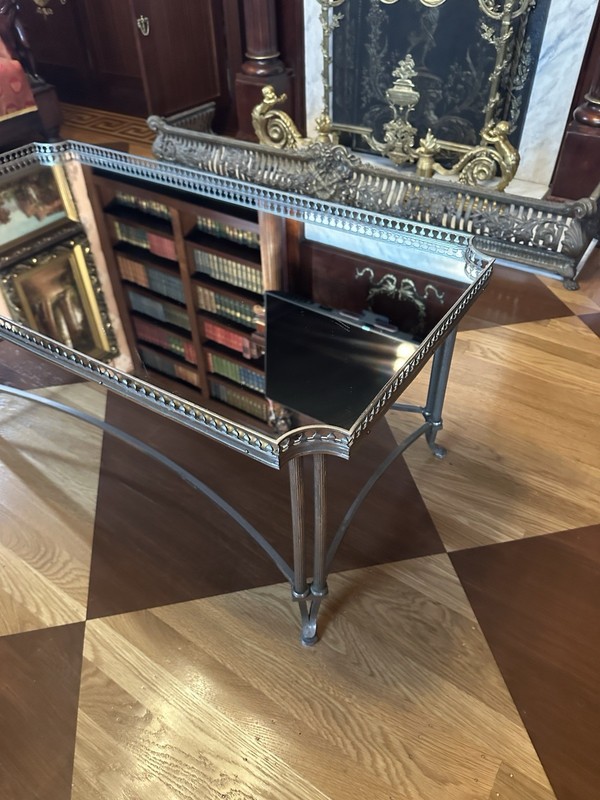 Maison Jansen Low Table Silvered Bronze And Mirrored Glass Top , Signed JANSEN gallery