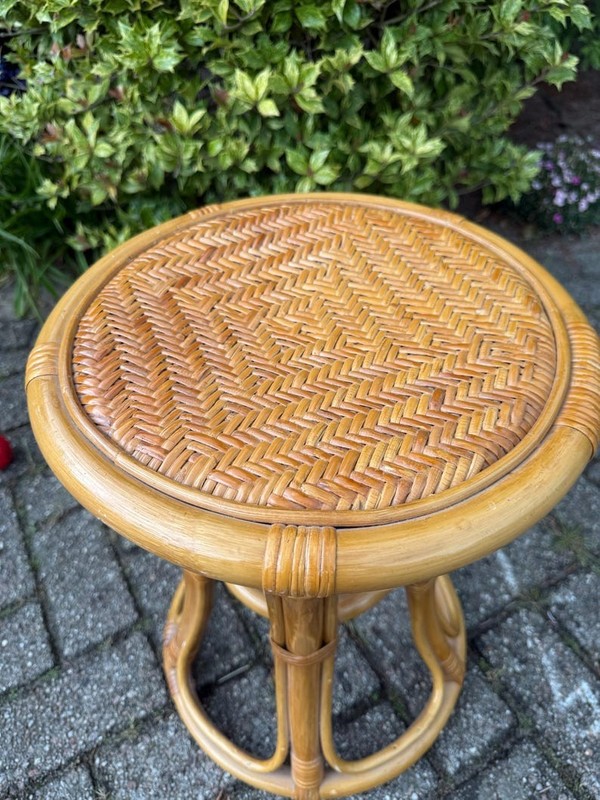 Vintage Rattan Round Side Table, Boho Wooden Plant Stand, Woven Stool Table, Mid gallery
