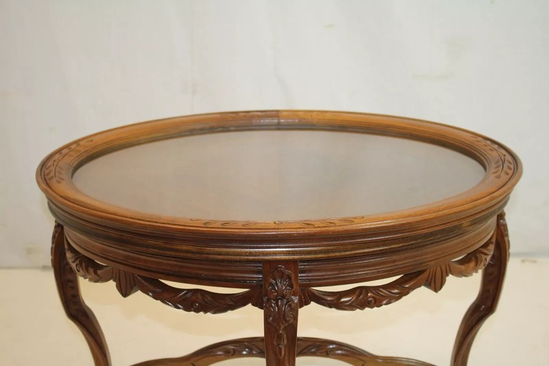 French Louis XV Walnut Lift Top Tray Tea Side End Table with carved swags Apron gallery