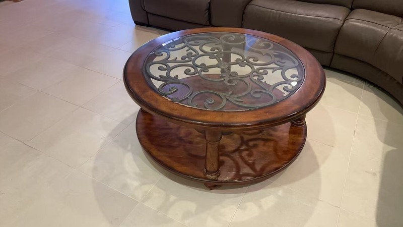 Rustic European Style Wood and Glass Top Iron Scroll Round Cocktail Table