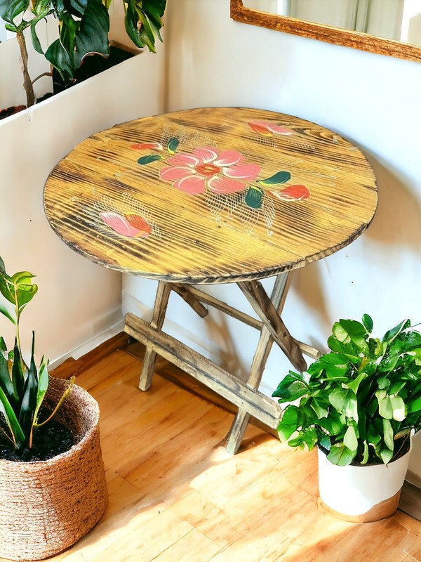 VTG Hand Painted Folding Wood Decorative Round 18″ D Side Table Floral Gorgeous