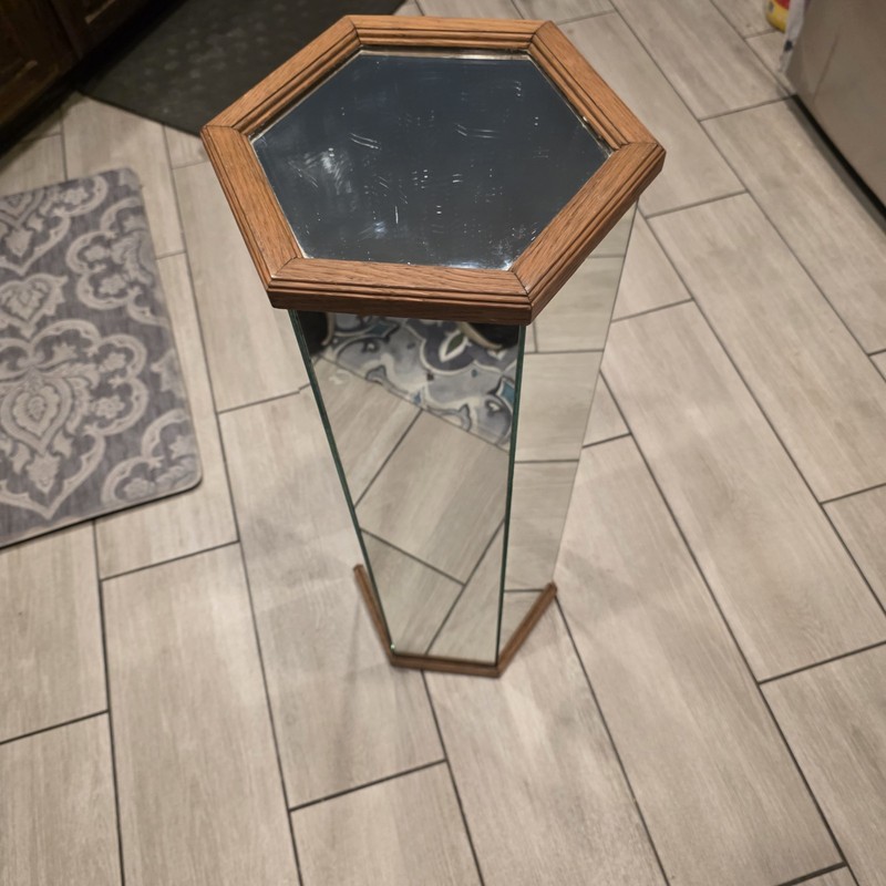Vintage 30" Mid Century Modern Mirrored Hexagon Pedestal Plant Stand Table Wood gallery