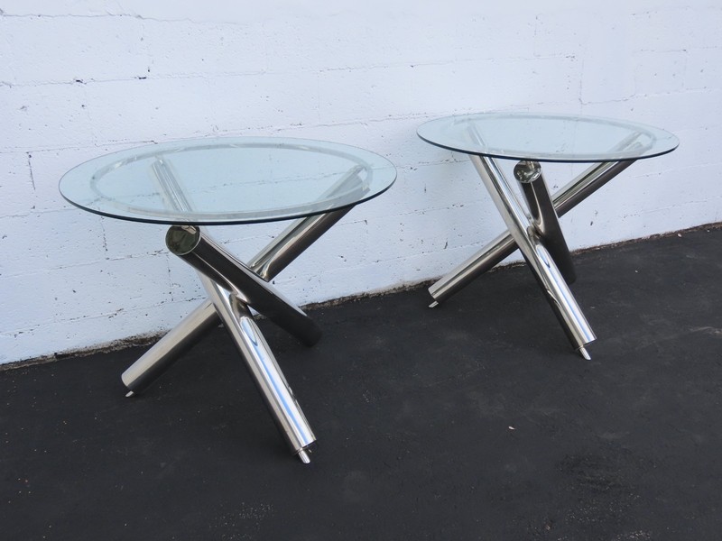 Milo Baughman style Chrome Glass Top Jax Tables a Pair 6571D