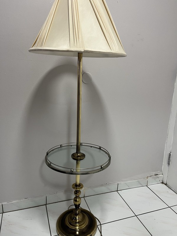 Gold Traditional Floor Lamp with Glass Table and Beige Bell Shade gallery