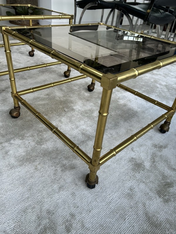 HOLLYWOOD REGENCY GOLDEN BAMBOO PAIR Of TABLE SET WITH 2 ON CASTORS 70’s gallery