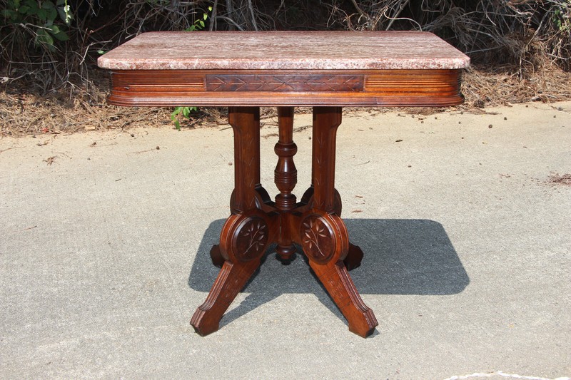 Large Walnut Victorian Eastlake Aesthetic Brown Marble Top Table ~ Ca.1880