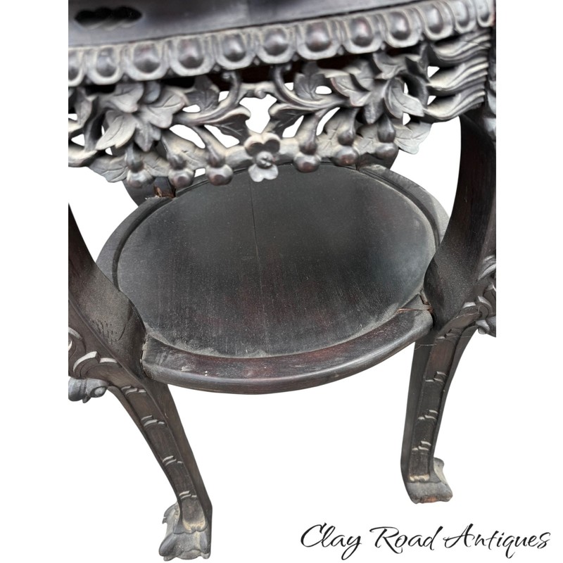 Antique large Chinese rosewood rose marble top stand center table carved 1880 gallery