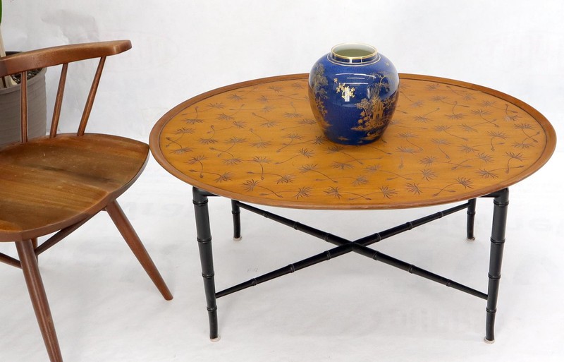 Oval Kittinger Coffee Table Faux Bamboo Tapered Legs Incised Leafs Design on Top gallery