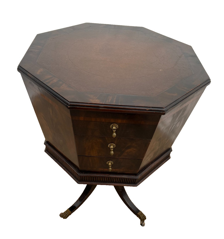 Antique Victorian Table Three Drawers Banded Mahogany Octagon Casters gallery