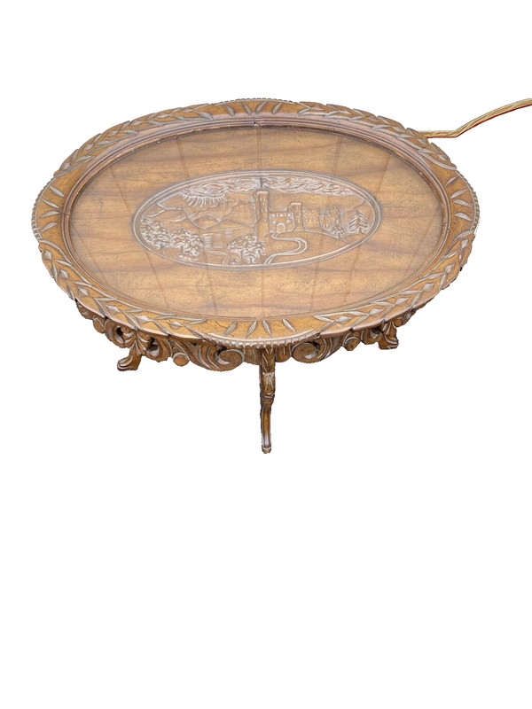 66546 Antique Walnut Tray Top Coffee Table Stand RARE City Scape Design gallery