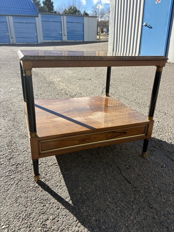 Vintage Hollywood Regency End Table Mahogany Veneer Brass Ebonized Legs gallery