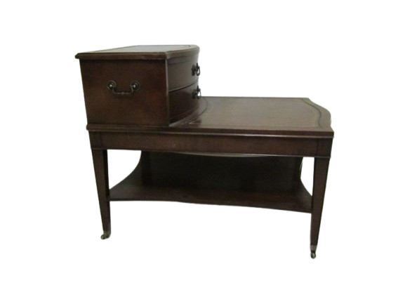 Antique Mahogany Wood Step Back Side Table Leather Inlay Wheels Tiered 2 Drawer gallery