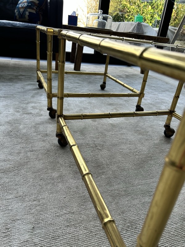 HOLLYWOOD REGENCY GOLDEN BAMBOO PAIR Of TABLE SET WITH 2 ON CASTORS 70’s gallery