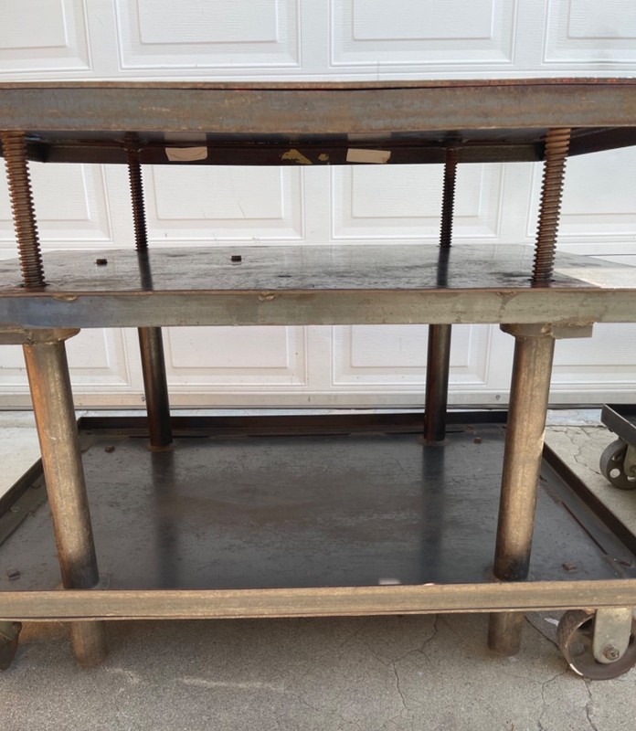 AMAZING LARGE HEAVY METAL VINTAGE INDUSTRIAL MECHANICAL TELESCOPING TABLES (2) gallery