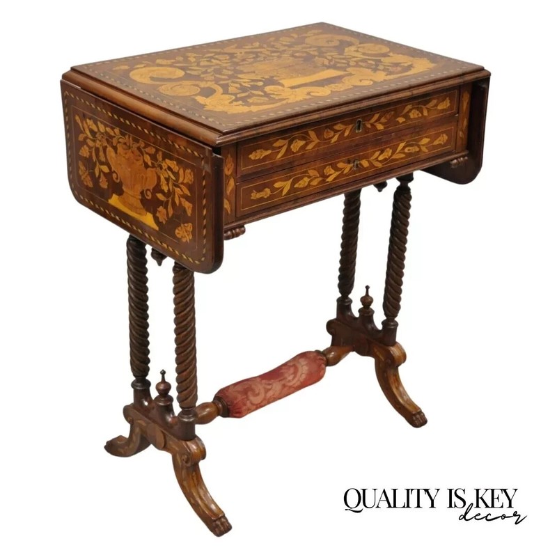 19th C Dutch Marquetry Inlay Regency Style Drop Leaf Sewing Stand Side End Table