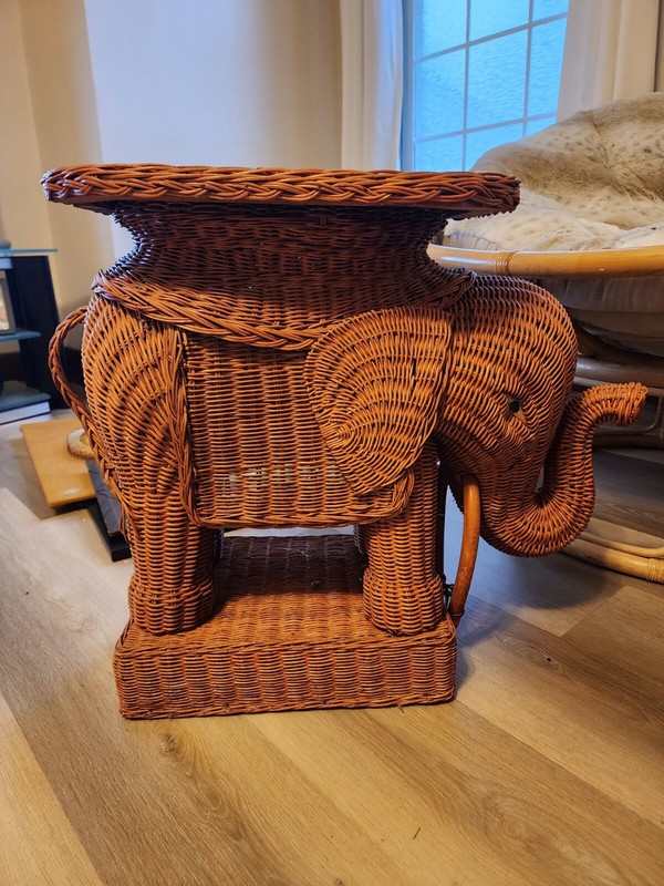 Vintage Boho Wicker Rattan Elephant Side Table Style of Mario Lopez Torres 1970s gallery