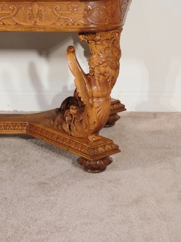 MONUMENTAL R J Horner 1870s 80s Carved Burl Walnut Library Center Entrance Table gallery