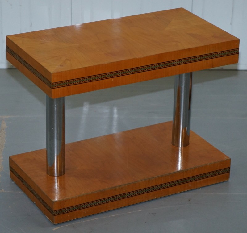 PAIR OF MID CENTURY MODERN CHROME PLATED & SATINWOOD SIDE END WINE LAMP TABLES gallery