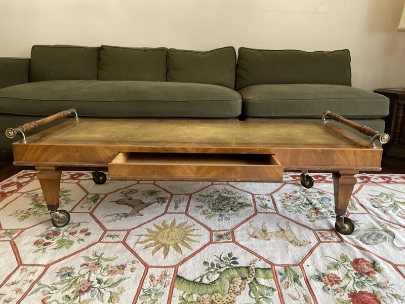 Vintage Faux Leather Top Single Drawer Coffee Table On Casters gallery