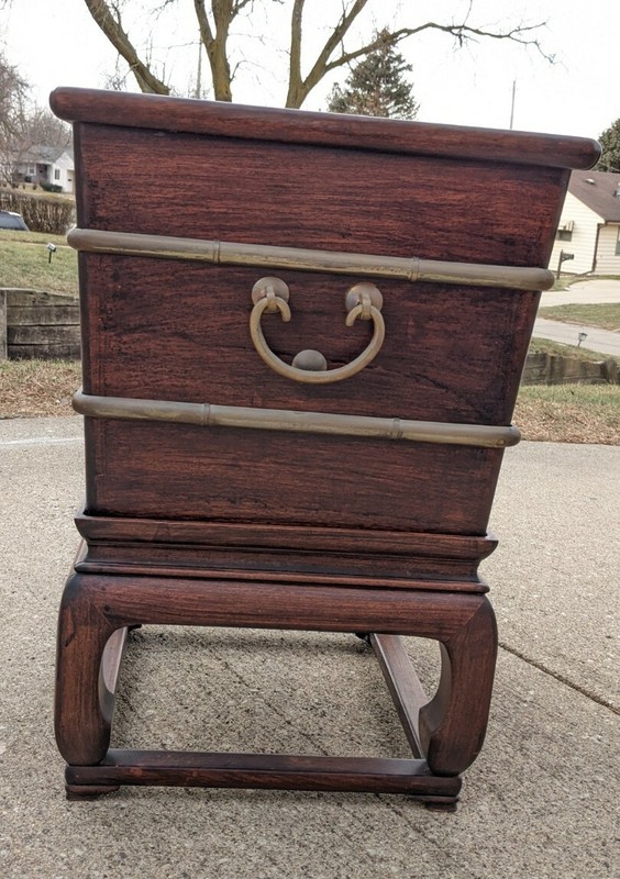 Antique Cellarette Asian Hardwood Side Table Mid Century Brass Wine Winery gallery