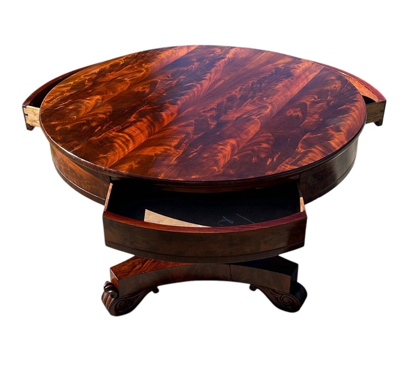 ANTIQUE LATE FEDERAL MAHOGANY THREE DRAWER CENTER TABLE ON OBELISK PEDESTAL BASE gallery