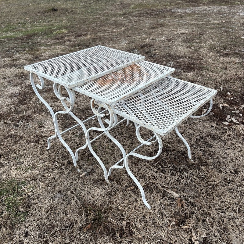 Vintage Wrought Iron Patio Nesting Tables Mesh Top Set of 3 Salterini Style MCM gallery