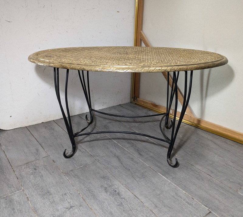 Vintage Moroccan Asian Oriental Style Embossed Brass Tin Wrought Iron Table gallery