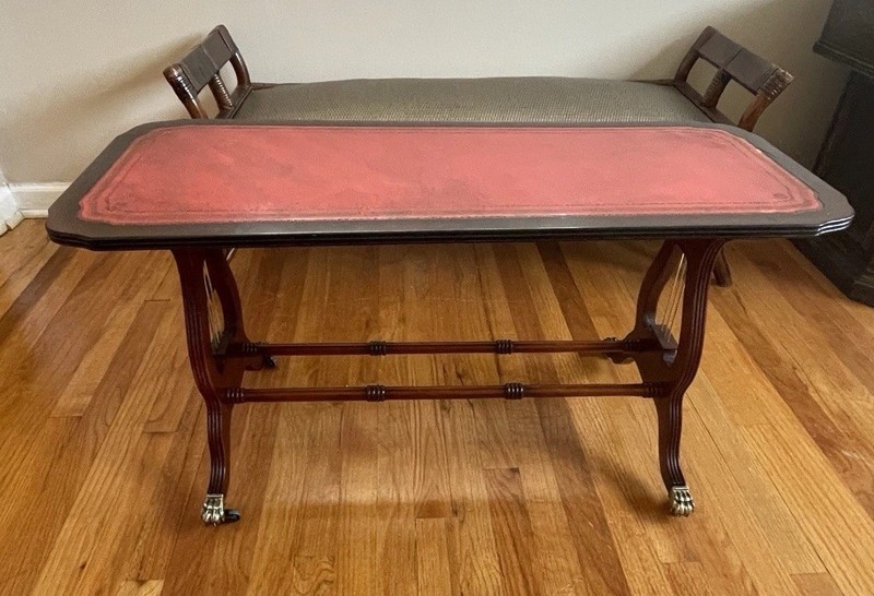 Sheraton Regency Mahogany Lyre Side Table Console Tooled Leather Top on Casters
