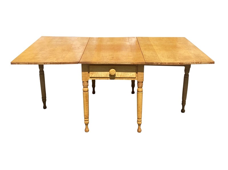 FEDERAL STYLE TIGER MAPLE GATELEG DINING TABLE WITH BOLD GRAIN AND LARGE DRAWER gallery