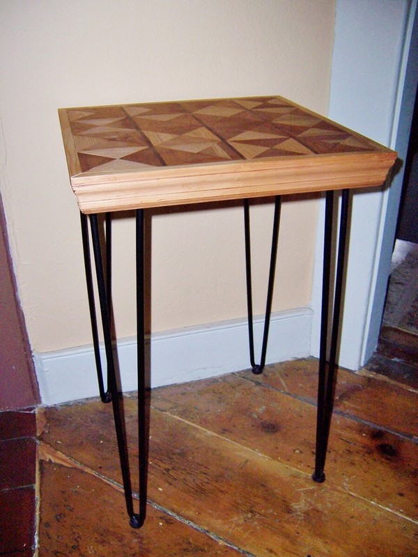 vintage mid cent modern Wooden Geometric Design table iron Hairpin Legs