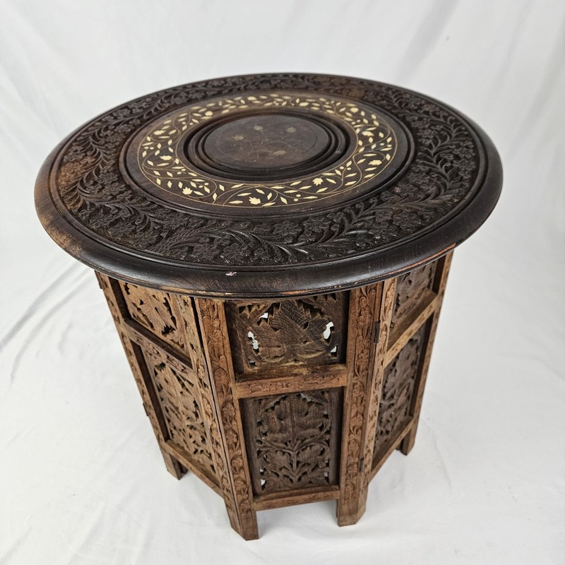 Vintage MCM Carved Octagon Folding Teak Wood Table Plant Stand Moroccan Boho gallery