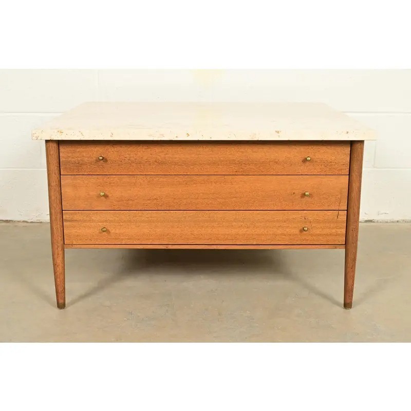 Paul McCobb Mahogany and Travertine Top Cocktail Table, 1950s gallery