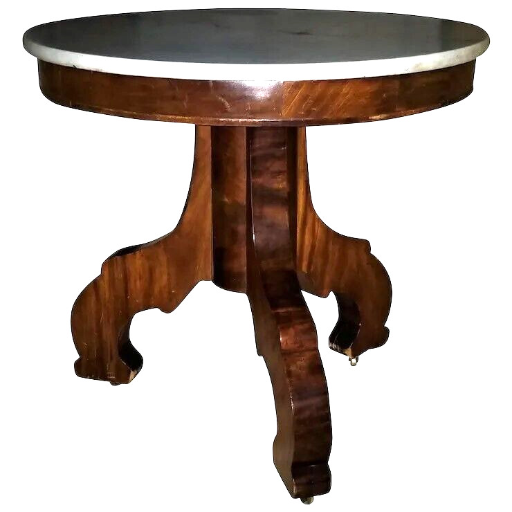 Foyer, Center TABLE, c1840 Empire Restauration, Mahogany, White Marble, 30″ dia