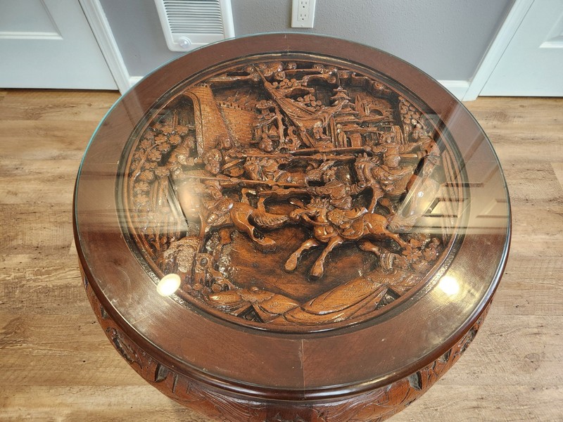 Antique Oriental Coffee Table With Glass Top and 4 Stools gallery