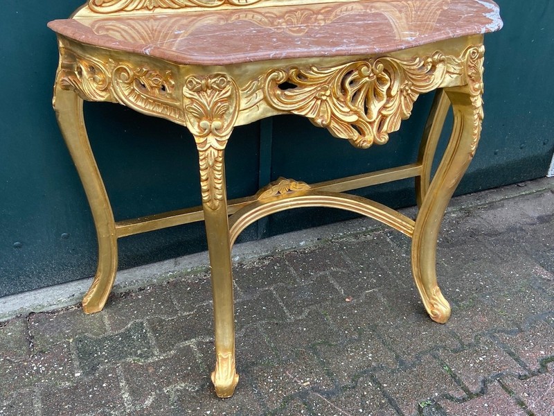 Console with Mirror Set Louis XVI Style Gold Leaf Pink Marble Vintage gallery