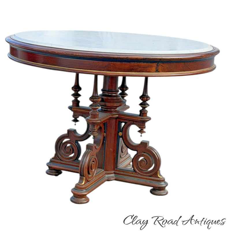 antique rosewood victorian round marble top center parlor table large carved gallery