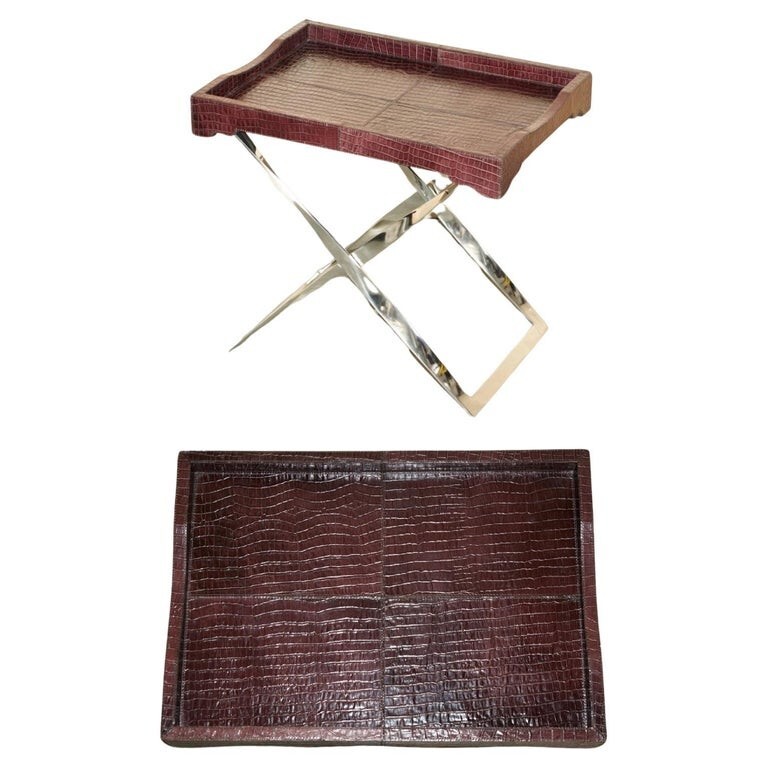 STUNNING VINTAGE CROCODILE ALLIGATOR PATINA LEATHER FOLDING CHROME TRAY TABLE