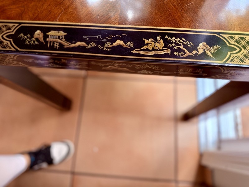 Vintage Asian Black Lacquer Coffee Table – Gold Chinoiserie Border, Wood Center gallery