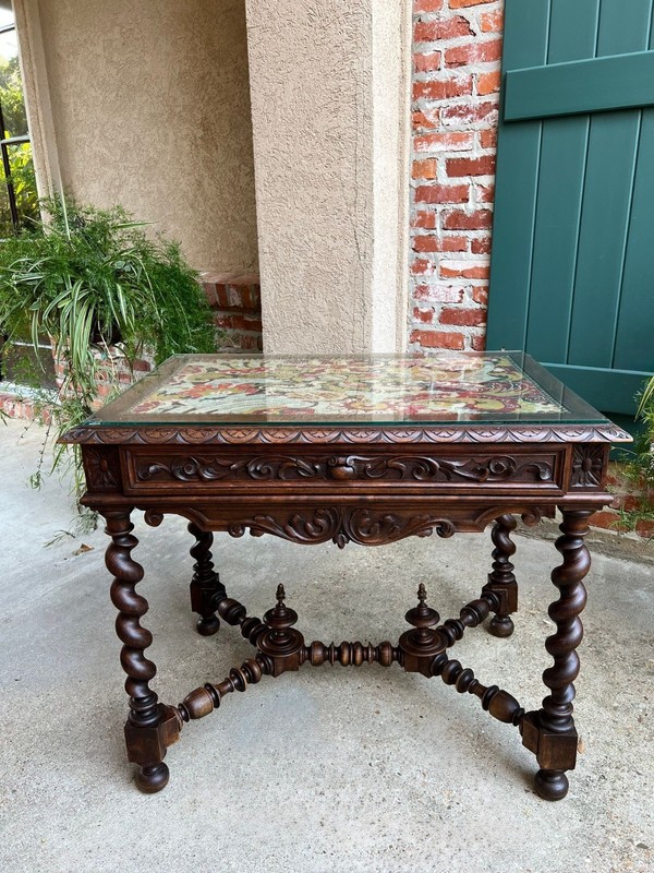 Antique French Sofa Table Writing Desk Barley Twist Carved Renaissance Tapestry gallery