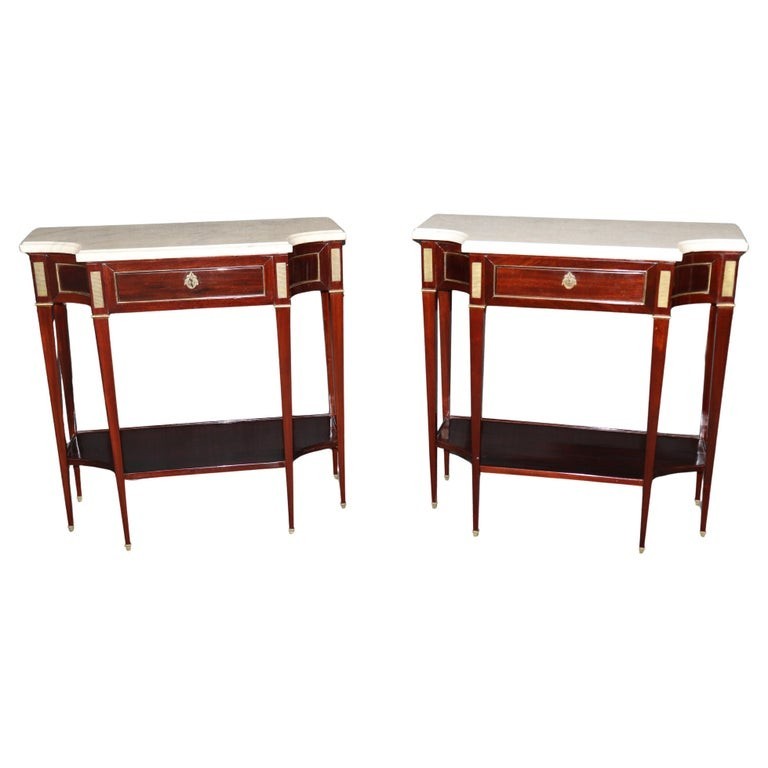 Rare Pair of Maison Jansen Attributed Carrara Marble Top Mahogany Console Tables