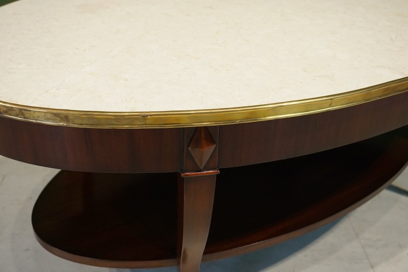Oval Mahogany Coffee table with brass banding, lower shelf, solid marble top gallery