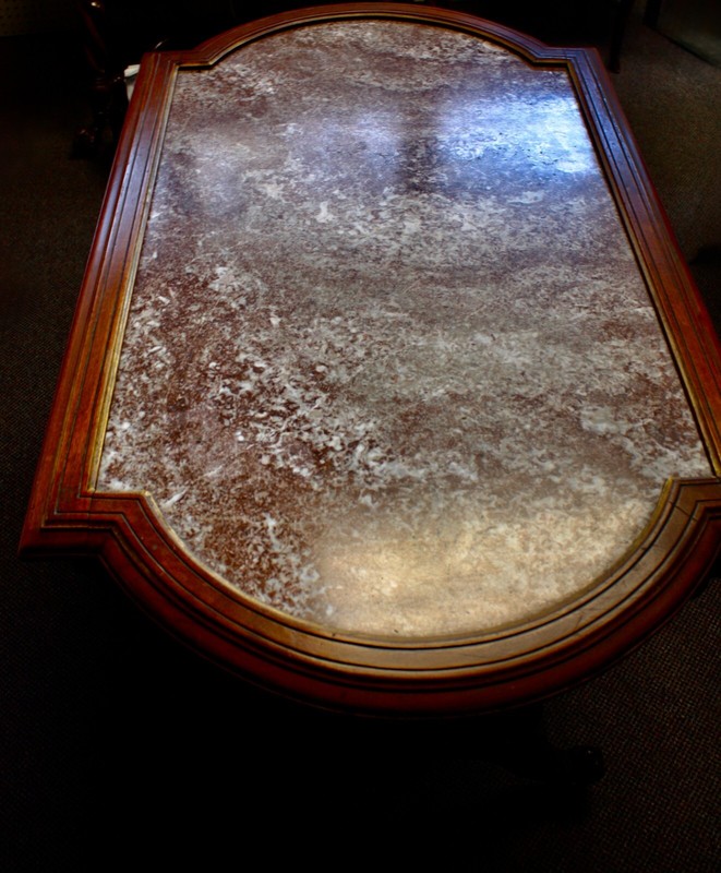 Antique Marble Top Louis XVI Double Sided Parlor Table. Carvings, Finials. 1865 gallery