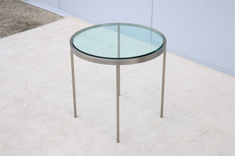 Mid-Century Modern Milo Baughman Round Glass and Stainless Steel Side End Table gallery